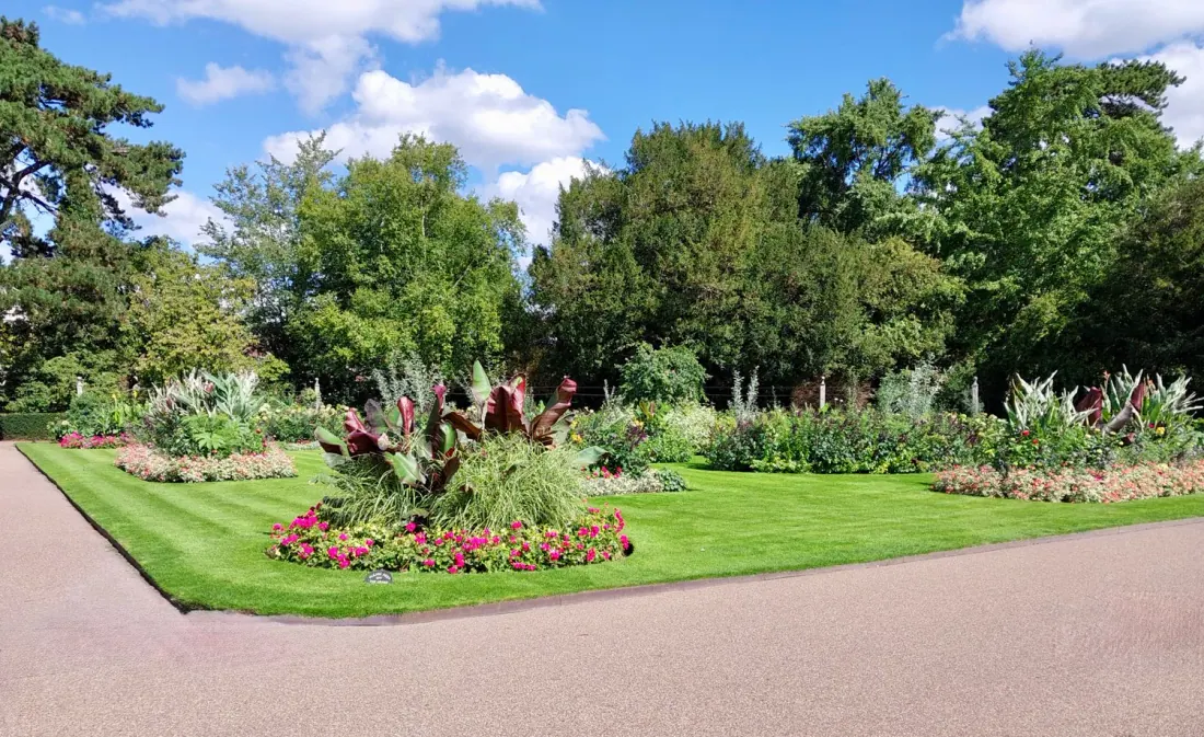 Gepflegte Rasenfläche mit angrenzendem Blumenbeet